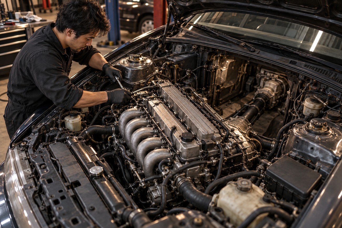 A mechanic wearing black gloves working on the longitudinal inline-five engine bay of an Acura Vigor sedan