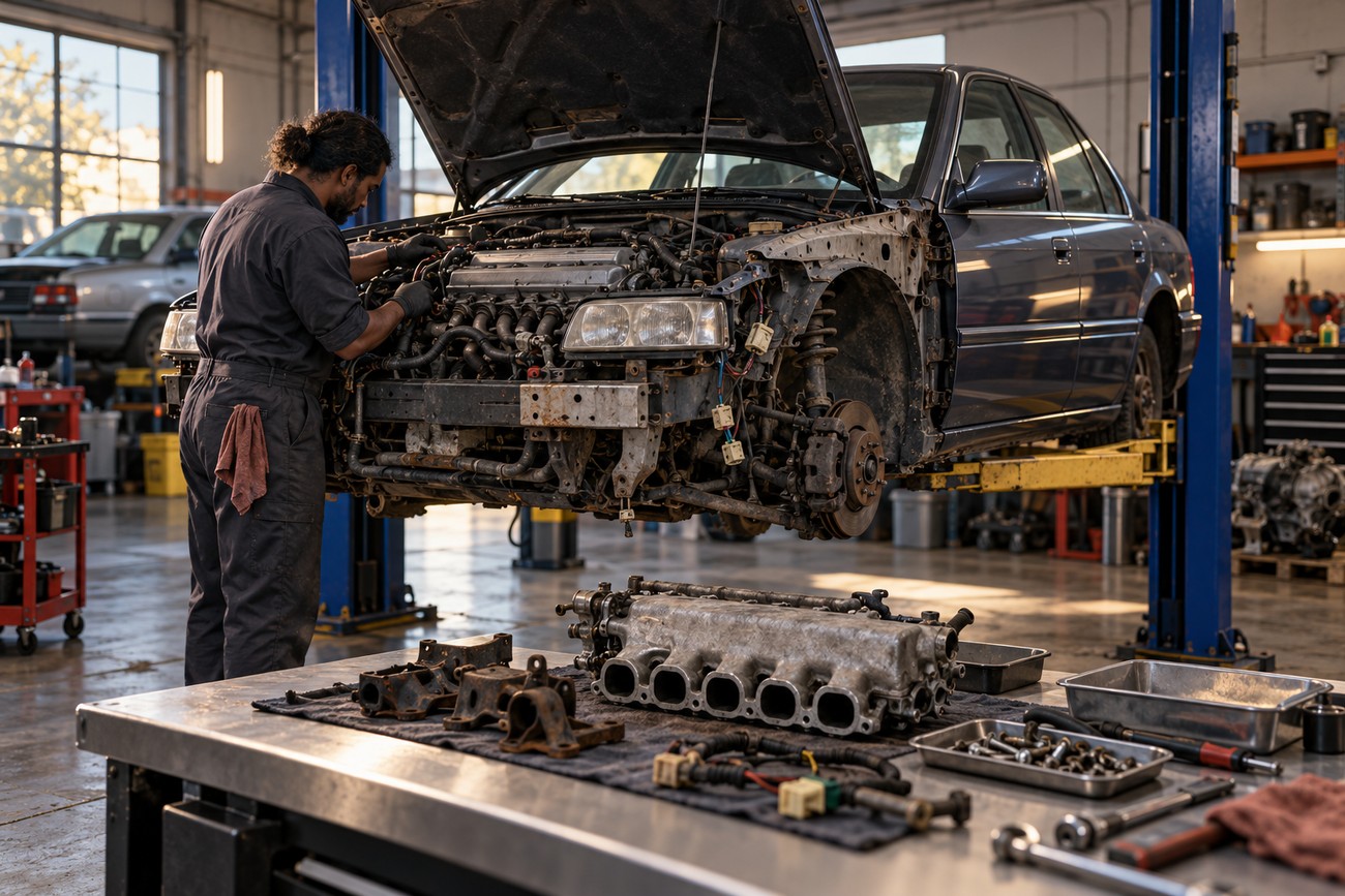 A mechanic in overalls inspects the inline-five engine of an Acura Vigor lifted on a hydraulic hoist in a workshop