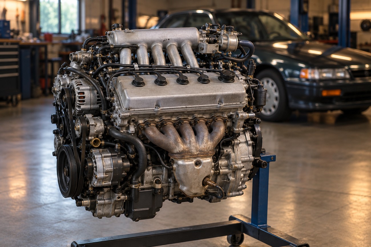 An Acura Vigor inline-five engine mounted on a blue metal stand in a bright automotive workshop with a parked car in the background