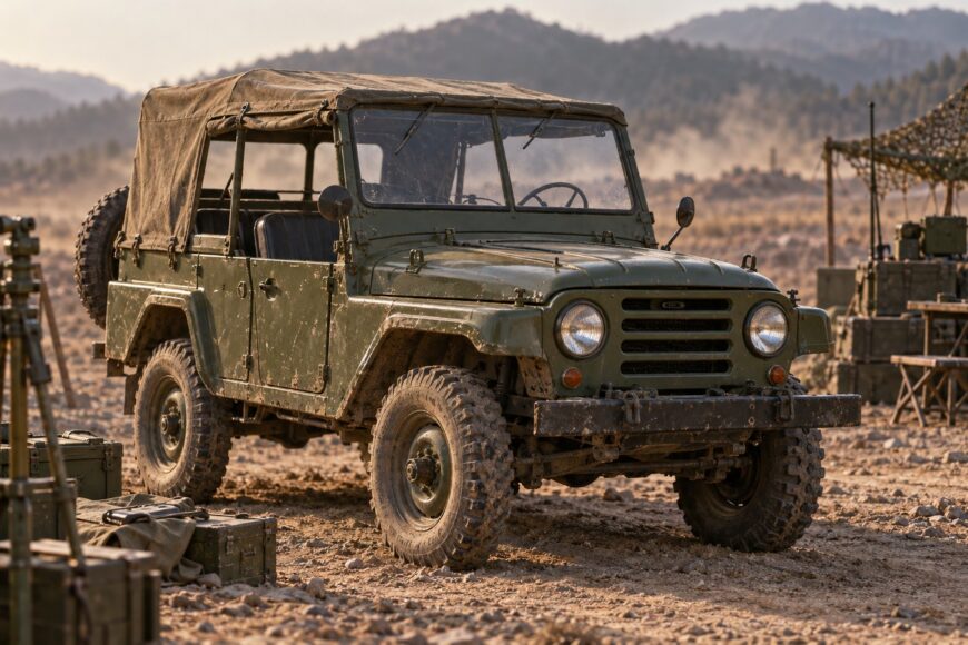 Classic green Beijing BJ212 military jeep parked on dusty ground with mountains in the background
