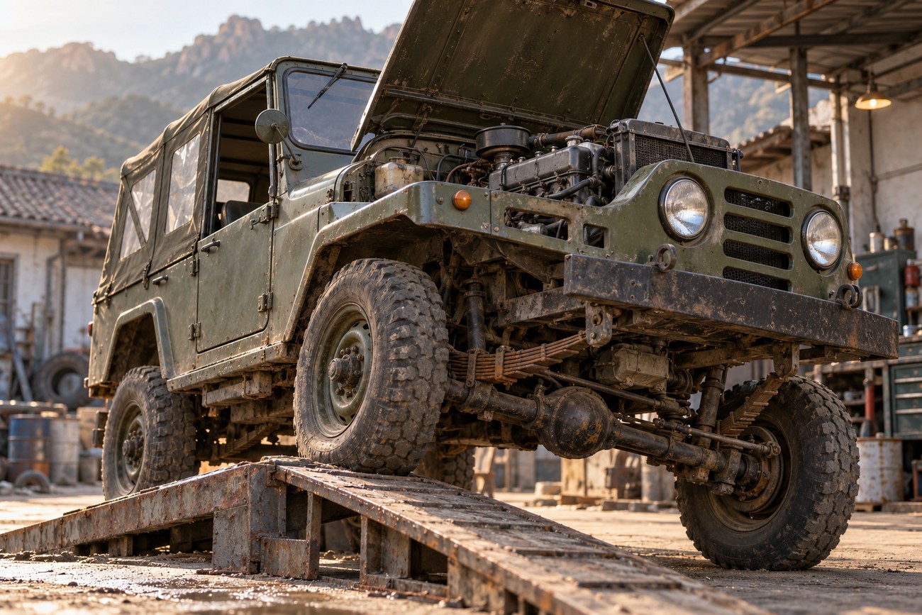 An olive-green Beijing BJ212 military jeep with its hood open parked on a metal ramp inside a rustic workshop