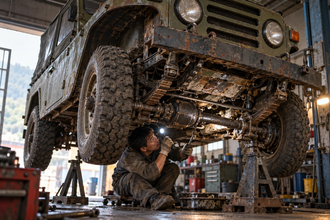 Mechanic with a flashlight inspecting the muddy undercarriage of a Beijing BJ212 military jeep raised on jack stands in a repair shop