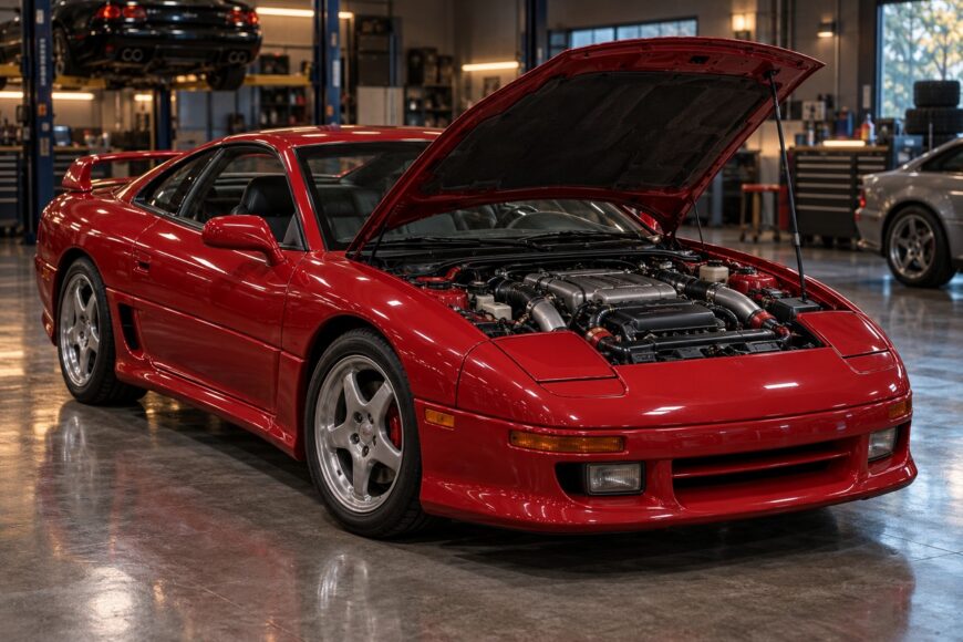 Red Dodge Stealth RT Twin Turbo sports car with its hood open inside a mechanic garage
