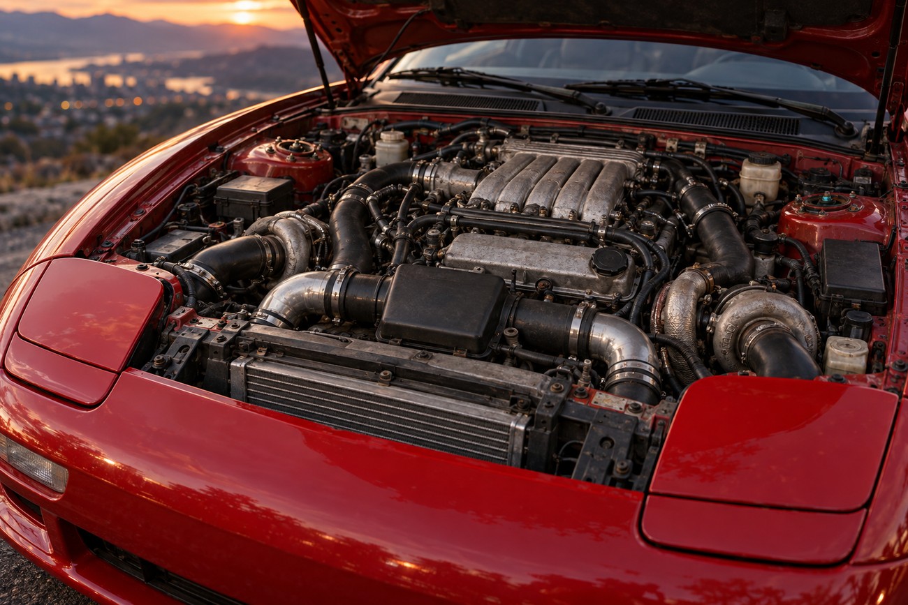 Open hood revealing the twin-turbocharged engine bay of a red Dodge Stealth sports car parked at sunset