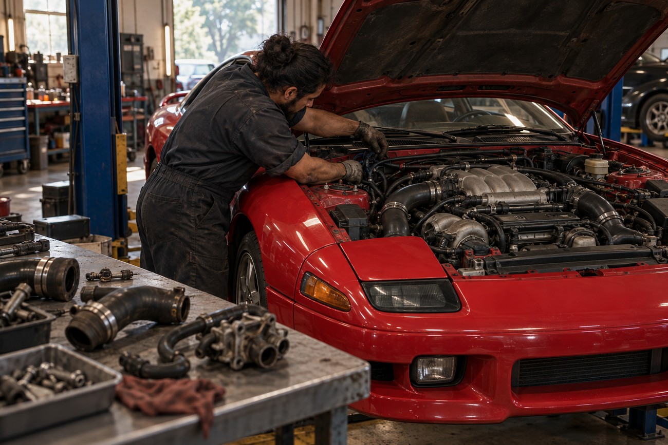 Mechanic working on the engine bay of a red Dodge Stealth RT Twin Turbo in a repair shop