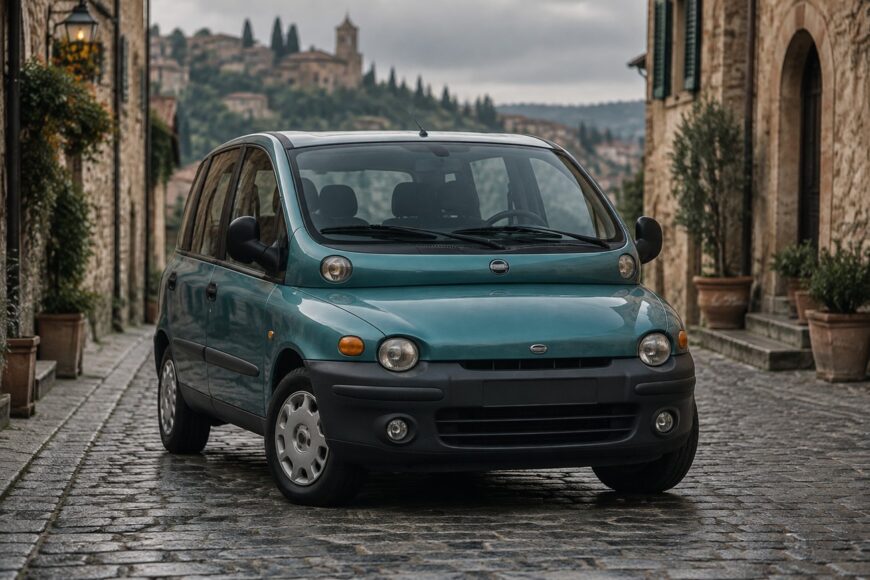Teal Fiat Multipla Mk1 parked on a narrow cobblestone street in a historic European town