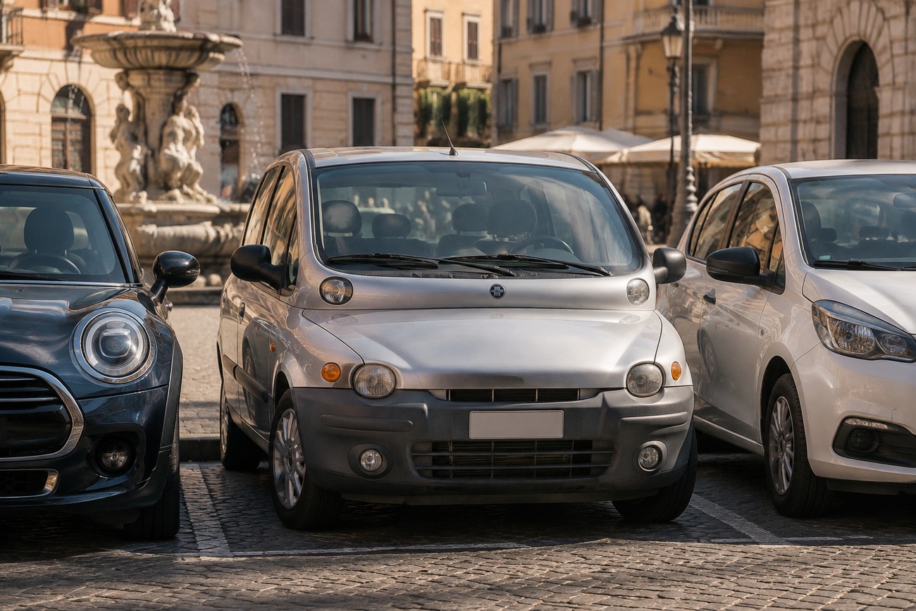 Silver Fiat Multipla Mk1 parked on a cobblestone square between two cars in front of an old European building and fountain