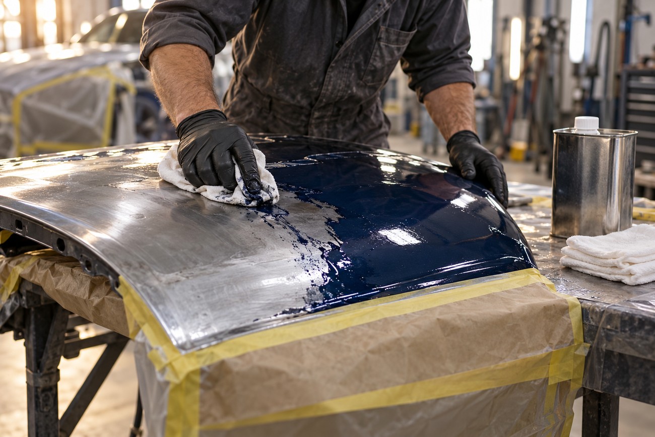 A mechanic wearing black gloves wipes down a dark blue car hood with a cloth in a workshop