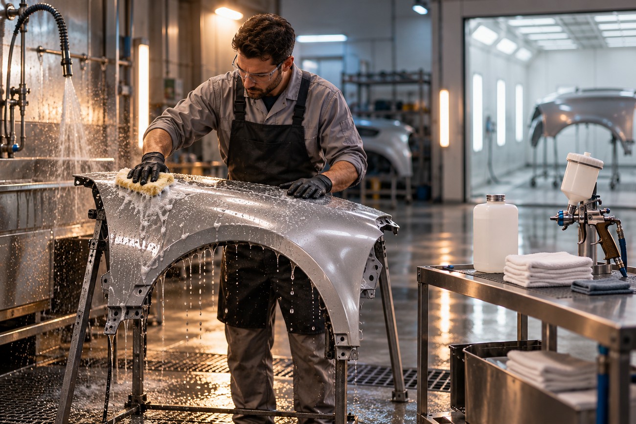 A technician wearing safety glasses and gloves washes a car fender with soapy water in a professional body shop prior to painting