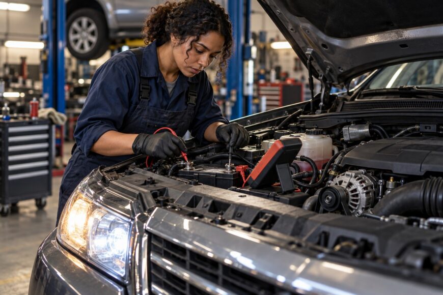 Female mechanic wearing black gloves using a multimeter to test a car battery under the hood in a repair shop