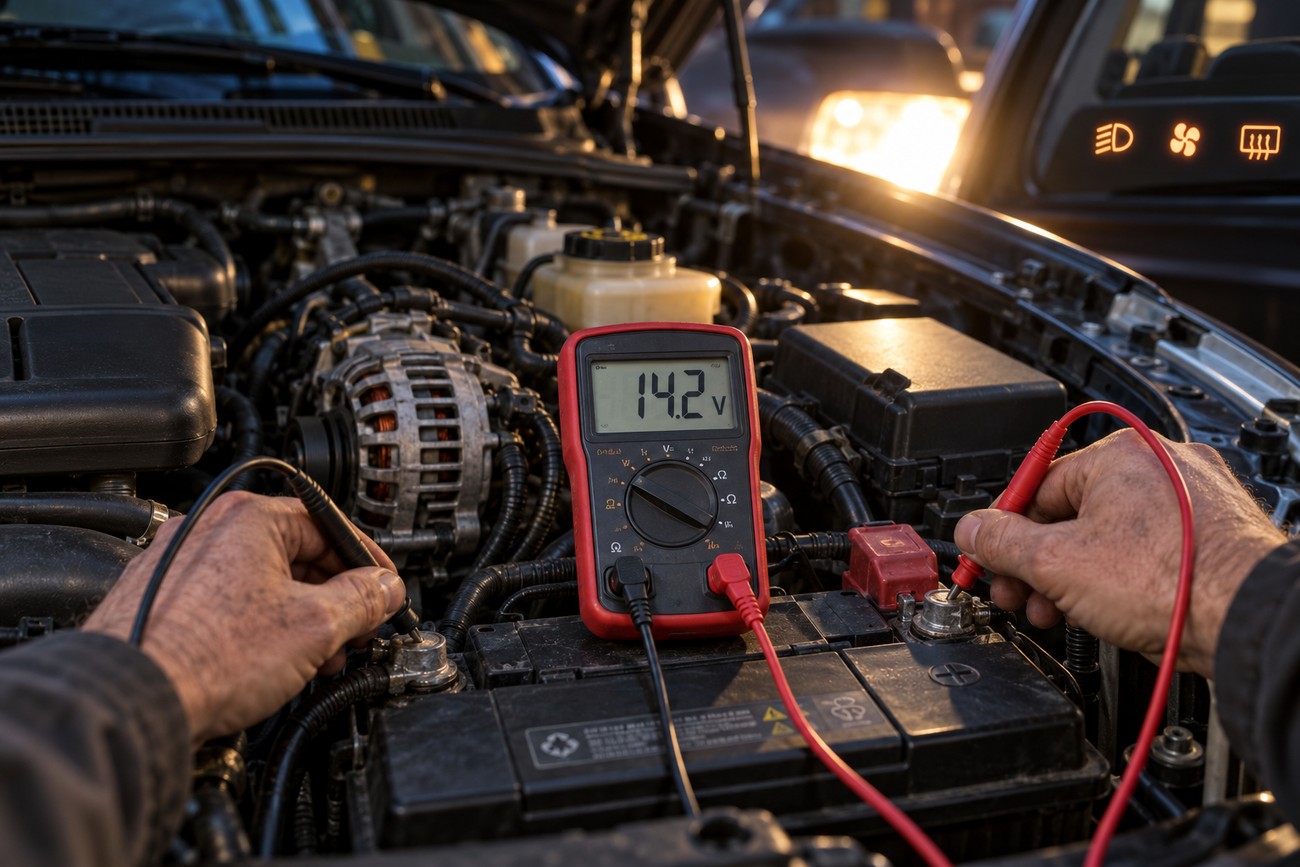 Mechanic holding multimeter probes to test car battery voltage in an engine bay