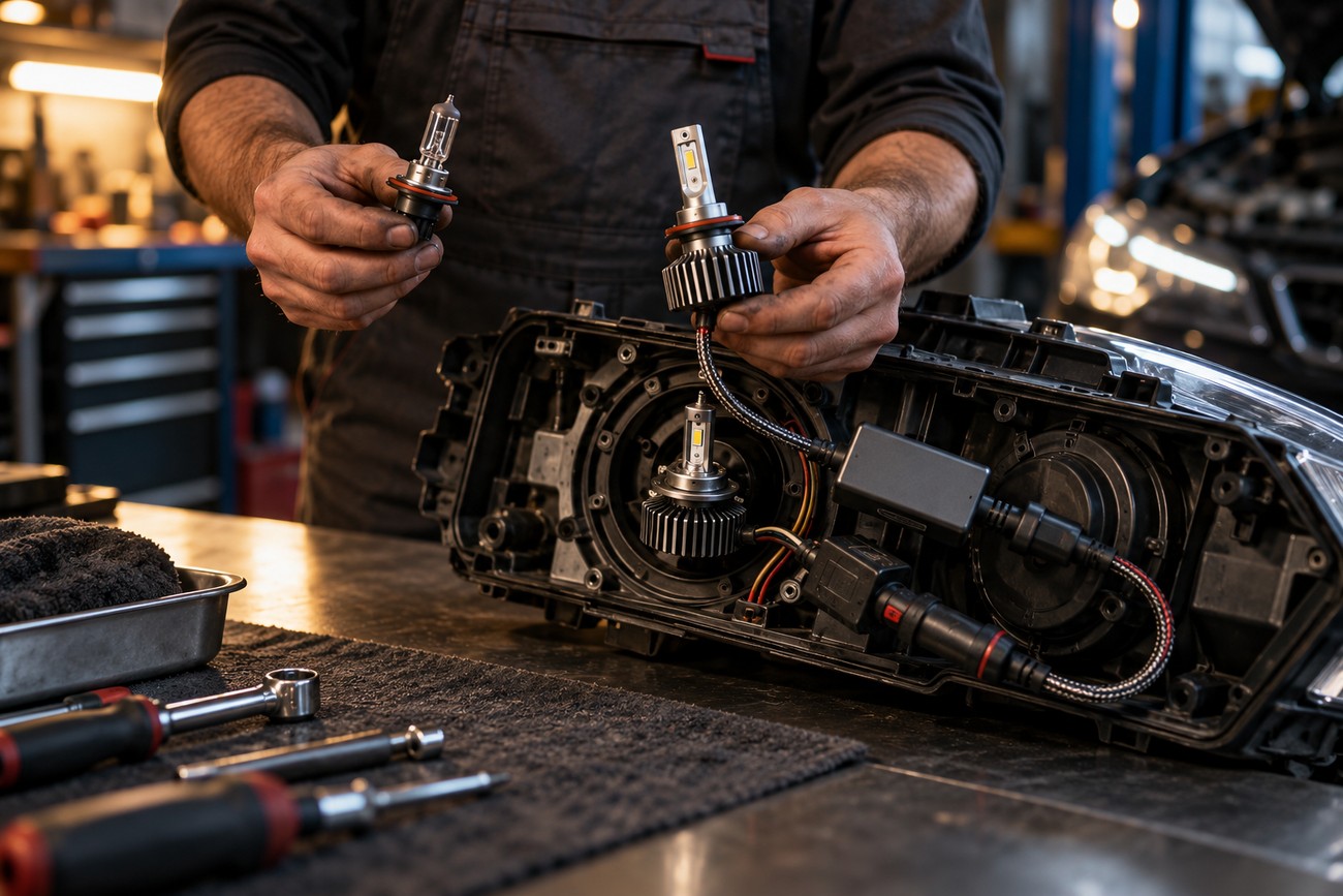 Mechanic holding halogen and LED bulbs while repairing a car headlight assembly on a workbench