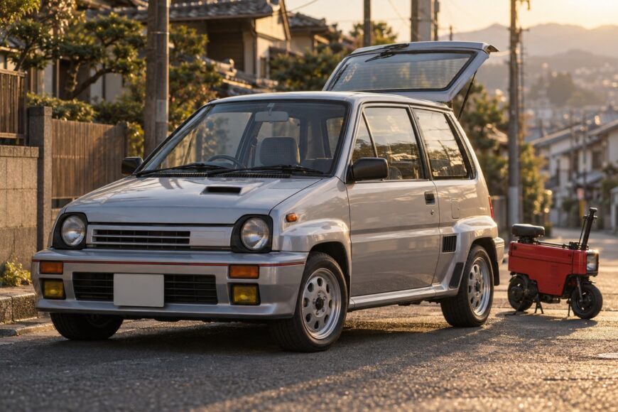 Silver Honda City Turbo II hatchback parked on a narrow street at sunset with an open trunk and a red Motocompo scooter next to it