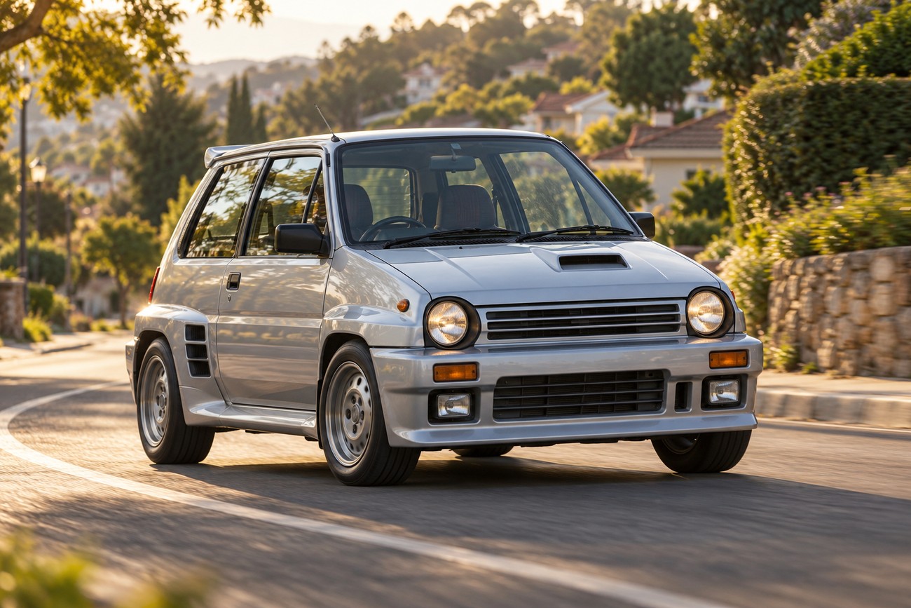 Silver Honda City Turbo II hatchback driving on a winding suburban street during golden hour