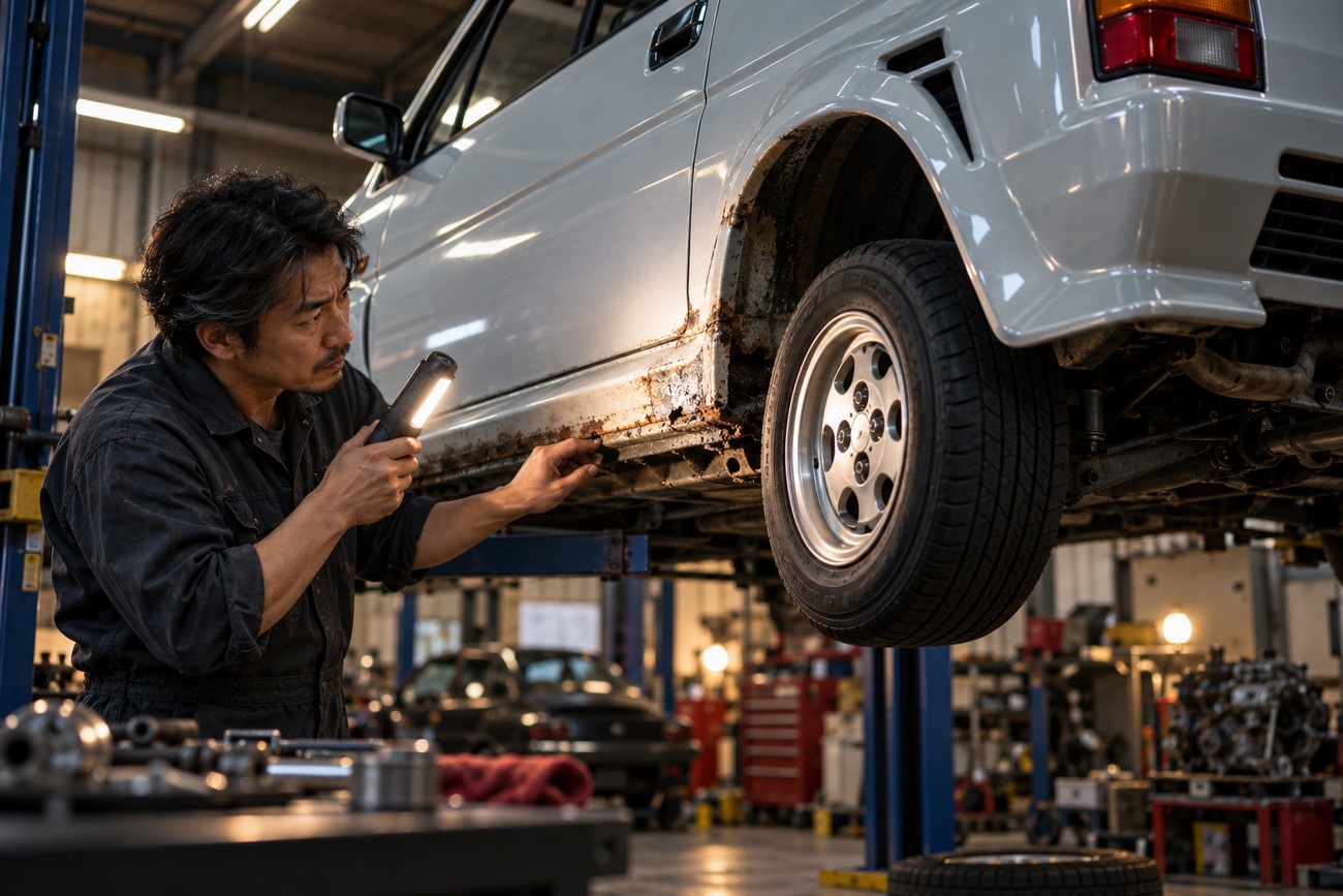 A mechanic inspecting rust on the side sill of a lifted white Honda City Turbo II using a flashlight in a garage