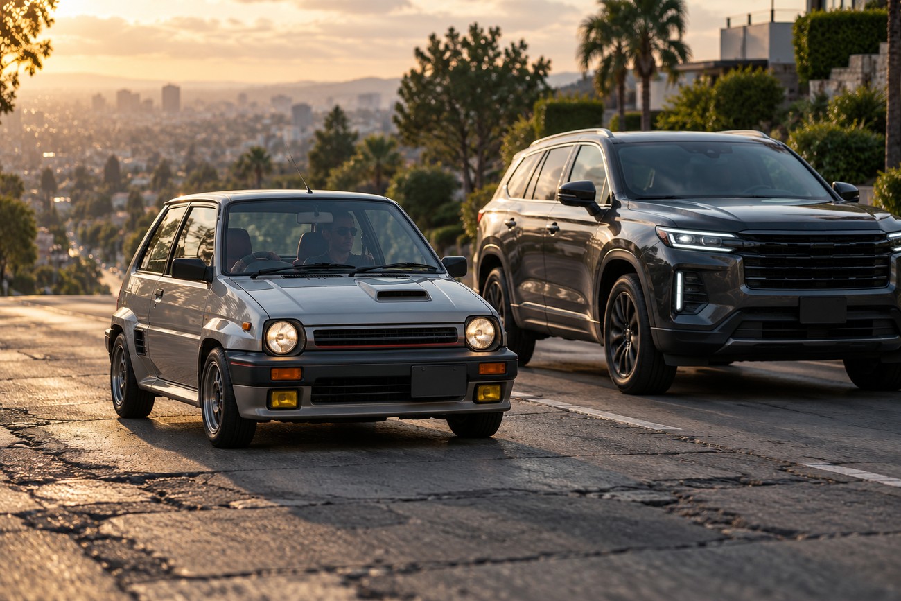 Vintage silver Honda City Turbo II hatchback driving down a hilly city street at sunset with a modern SUV behind it