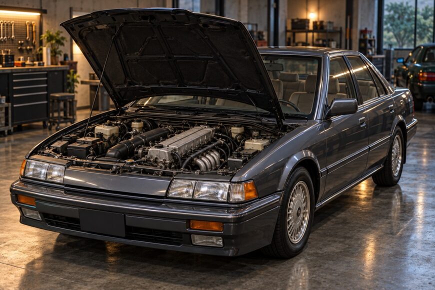 Classic dark grey Honda Vigor sedan with open hood revealing the engine parked inside a well-lit garage