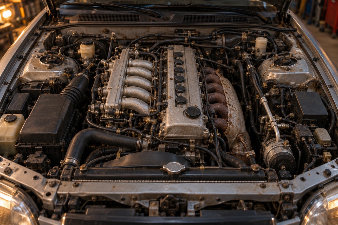 Detailed top-down view of the inline-five engine compartment in a classic Honda Vigor inside a garage