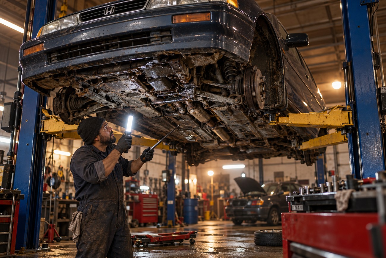 A mechanic in overalls holding a work light while inspecting the dirty undercarriage of a Honda Vigor on a hydraulic lift in a garage