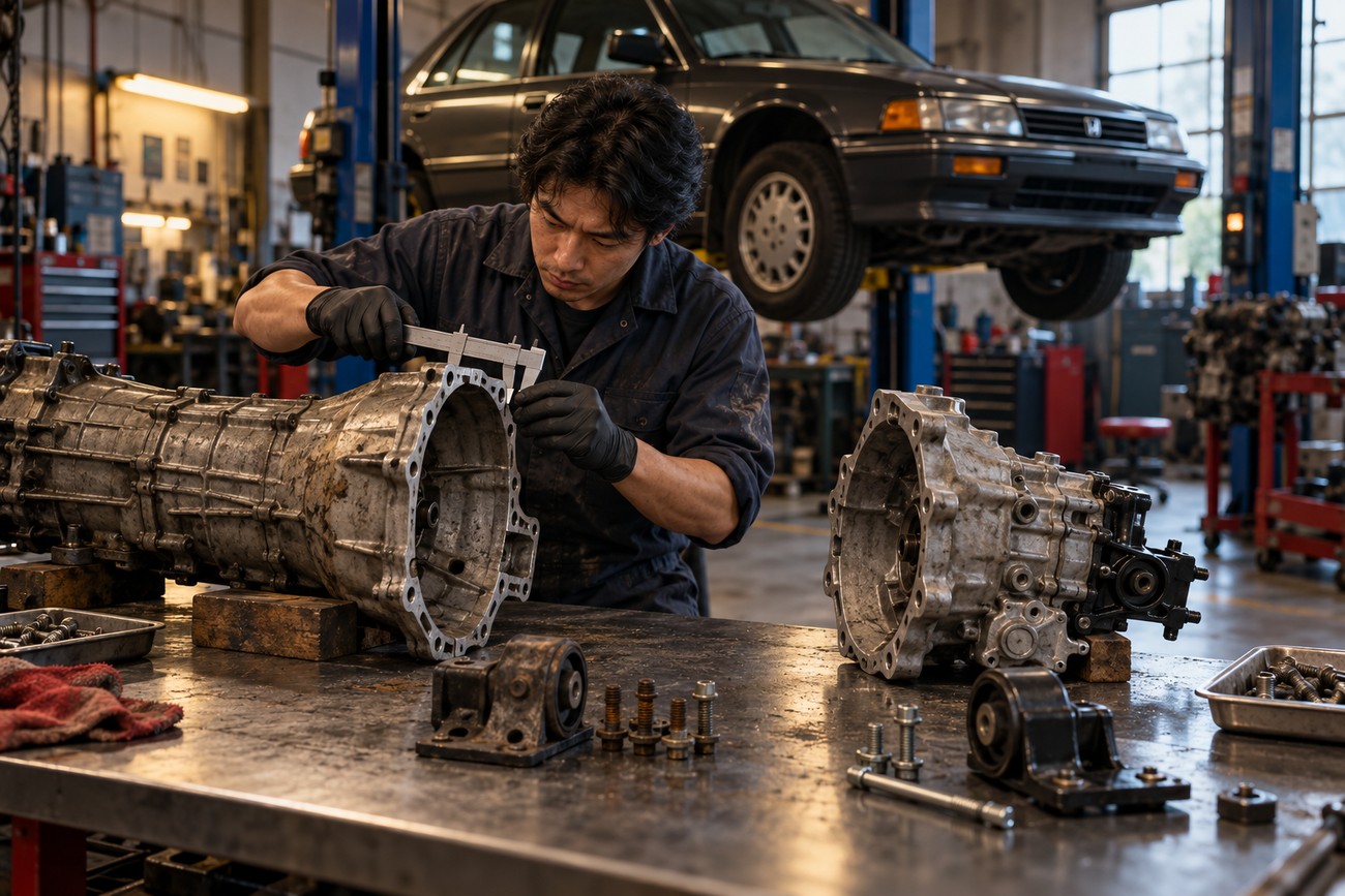 Mechanic wearing black gloves measuring a disassembled transmission housing with a caliper at a workbench with a Honda Vigor lifted in the background