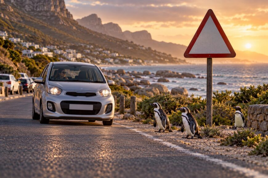 A silver Kia Picanto driving on a coastal road in South Africa near a penguin crossing sign with penguins on the roadside