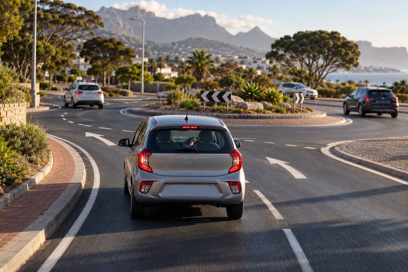 A silver Kia Picanto driving on a paved coastal road approaching a roundabout in South Africa