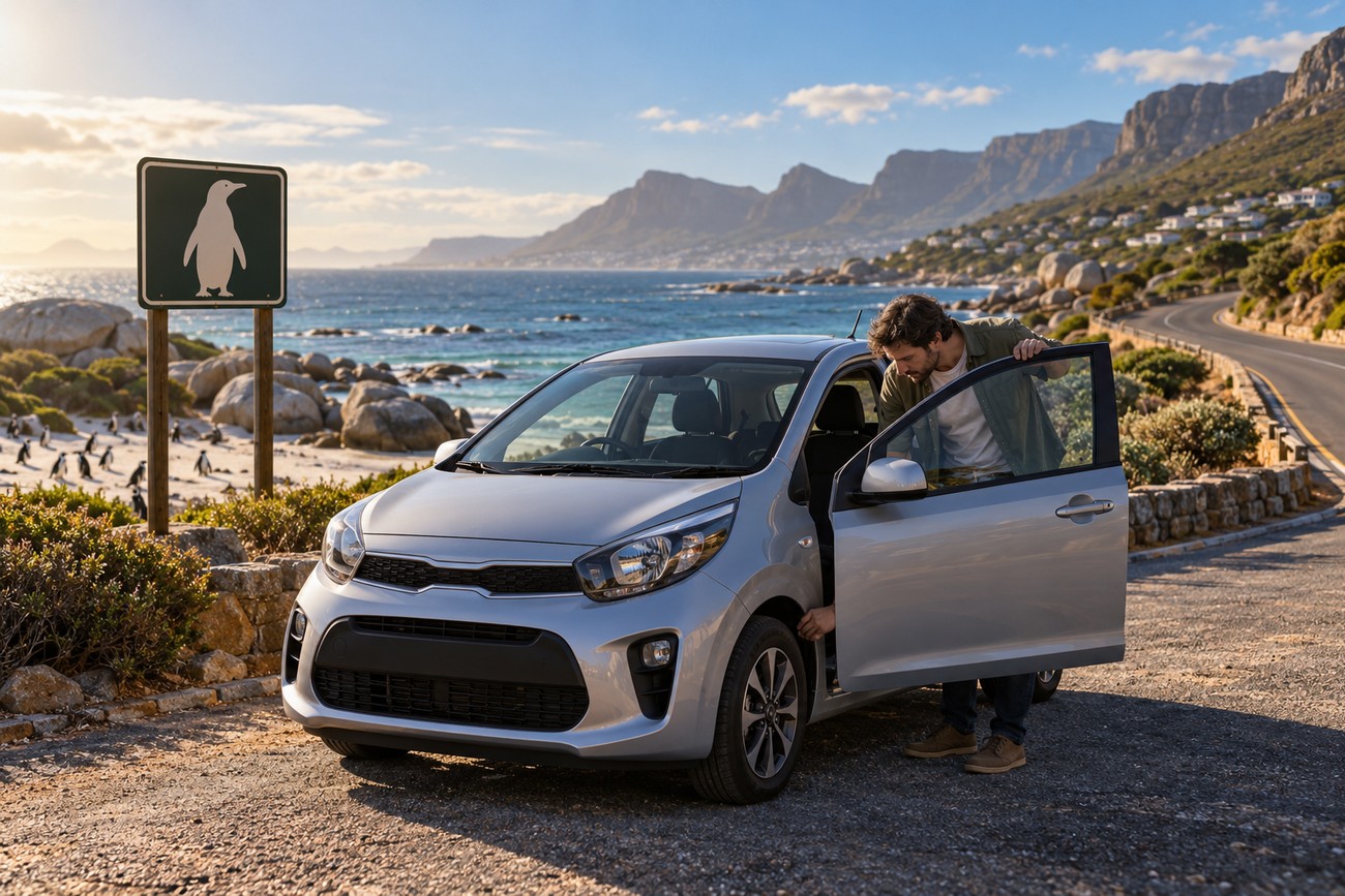 A man opening the door of a silver Kia Picanto parked by a coastal road next to a penguin crossing sign in South Africa