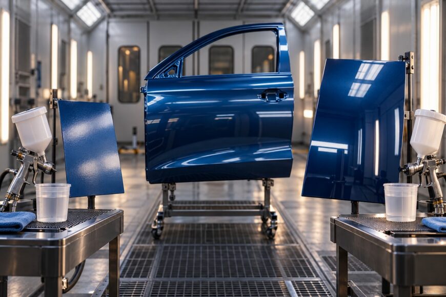 Glossy blue car door and test panels with automotive spray guns inside a professional paint booth