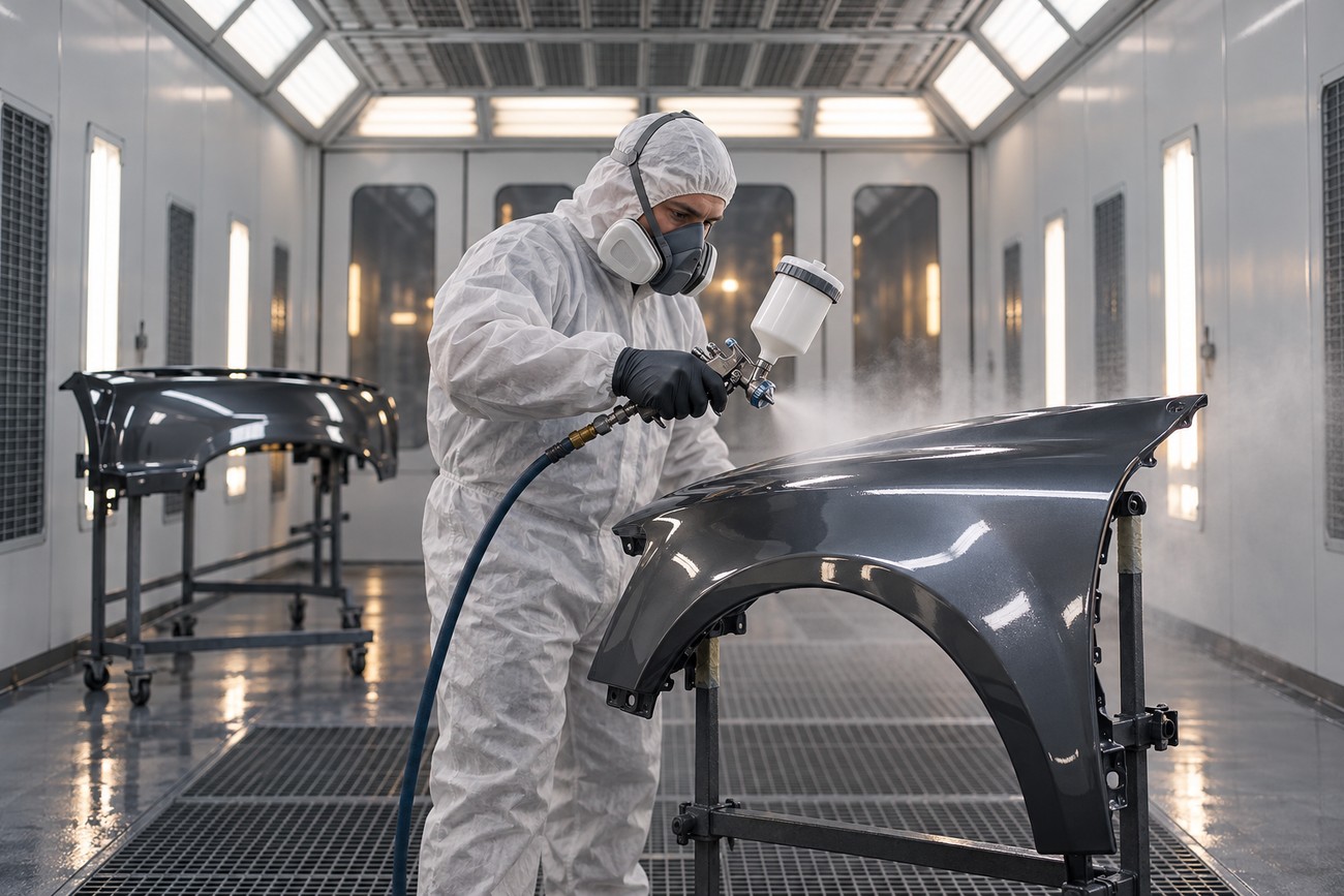 A technician wearing a protective suit and respirator sprays clear coat onto a car fender in a booth