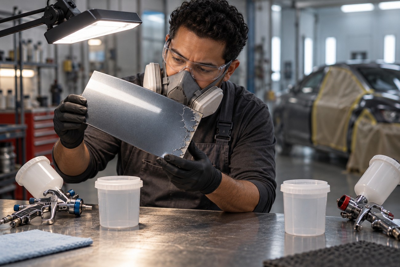 An automotive technician wearing a respirator and safety glasses inspecting a clear coat test panel in a workshop