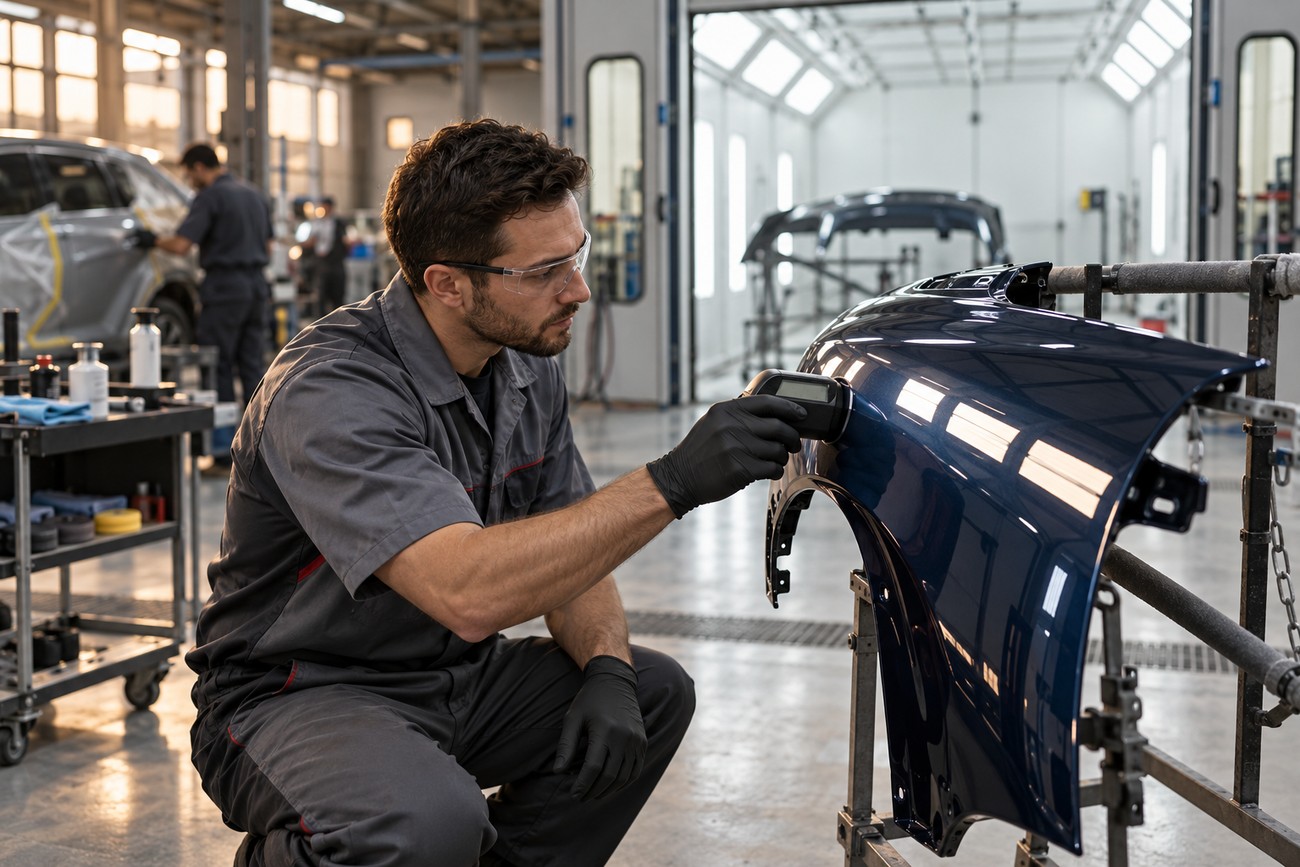 An automotive technician wearing safety glasses and black gloves inspects a glossy blue car fender with a spectrophotometer in a paint booth