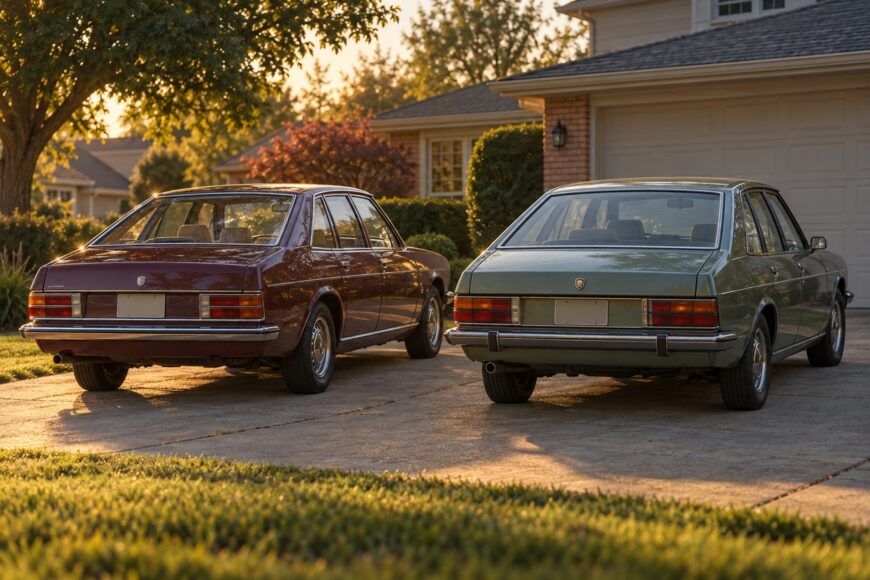 Rear view of two classic Austin Princess wedge sedans parked in a driveway in the evening sunlight