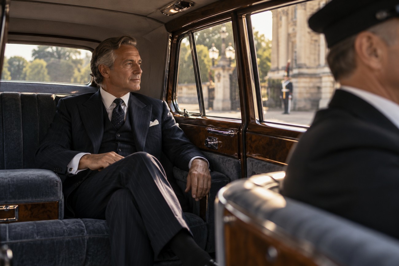 An elegant man in a three-piece suit sitting in the plush rear interior of an Austin Princess limousine while a chauffeur drives past a grand estate
