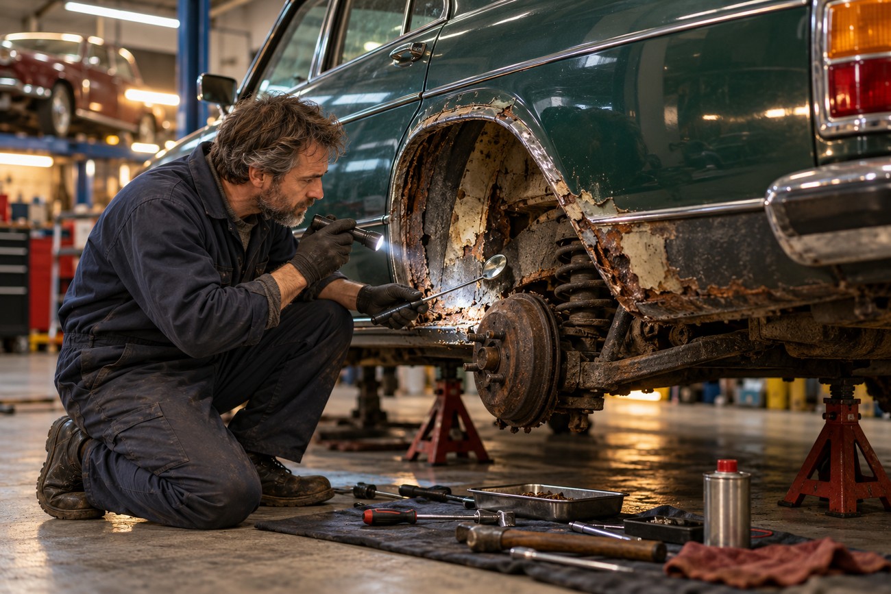 A mechanic in overalls kneels beside a classic dark green Austin Princess, inspecting severe rust damage on the rear wheel arch with a flashlight