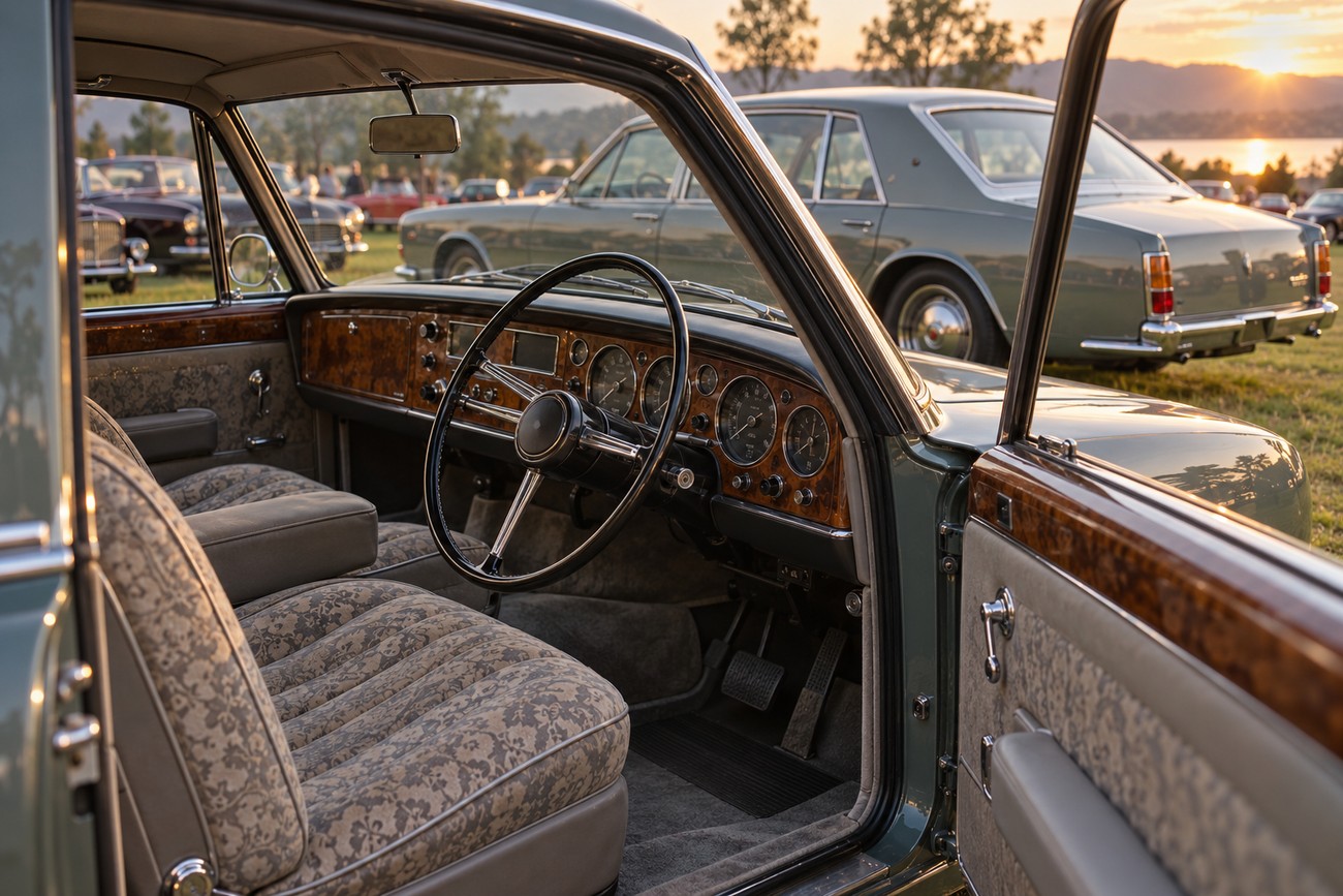 Interior view showing the wooden dashboard and patterned fabric seats of a classic Austin Princess parked outdoors at sunset