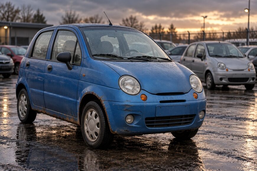 A blue Chery QQ city car parked in a wet lot with other cars in the background