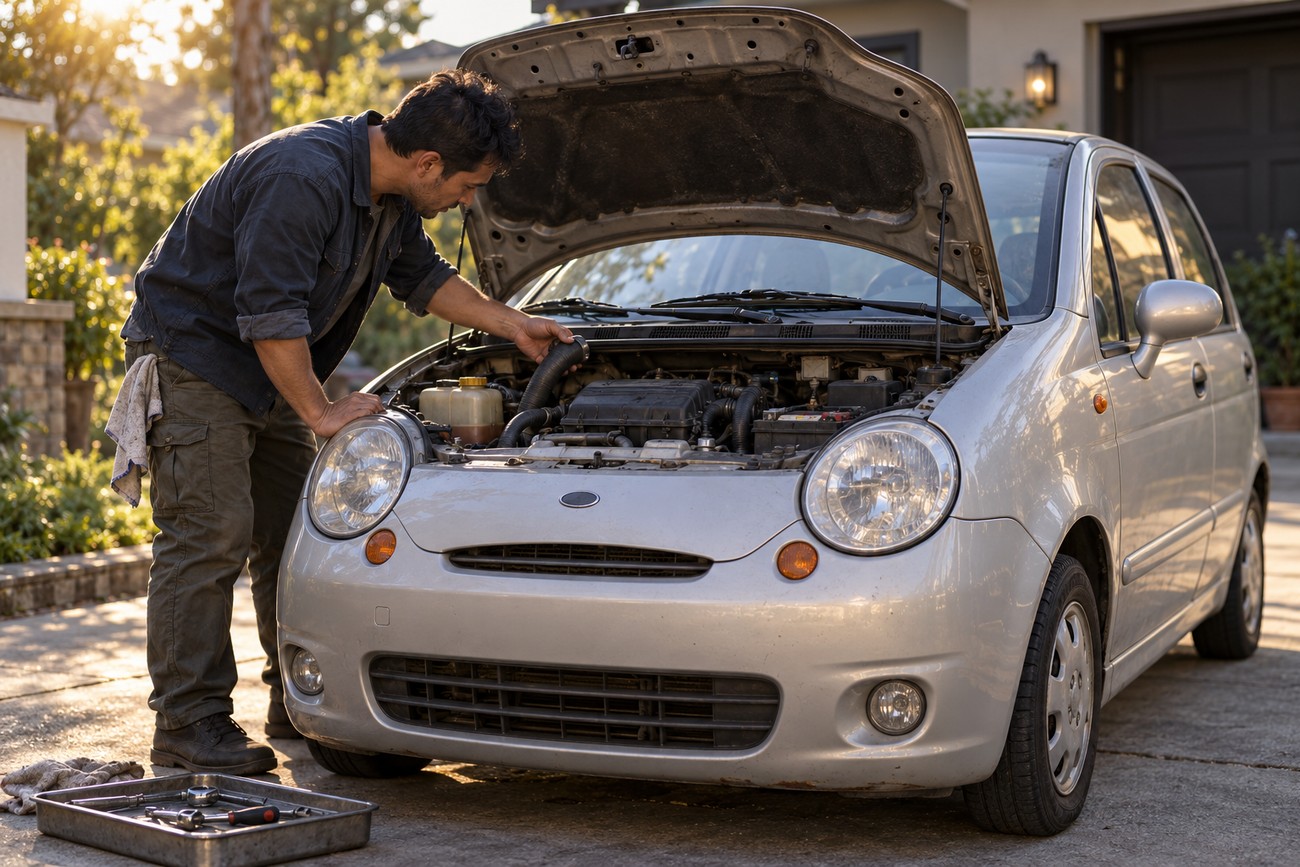 A man inspecting the engine of a silver Chery QQ city car with the hood open outdoors