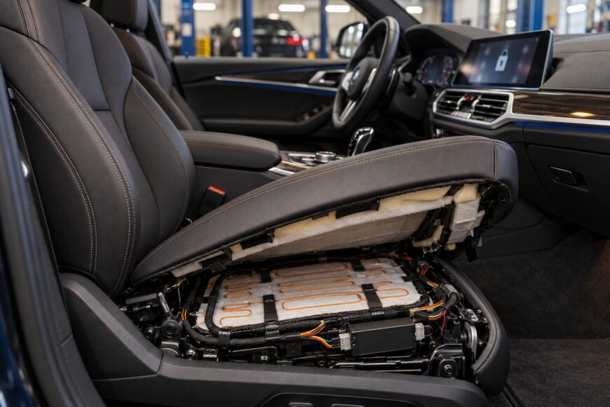 A disassembled BMW leather car seat showing internal heating grid wires and electronic control modules inside the vehicle cabin