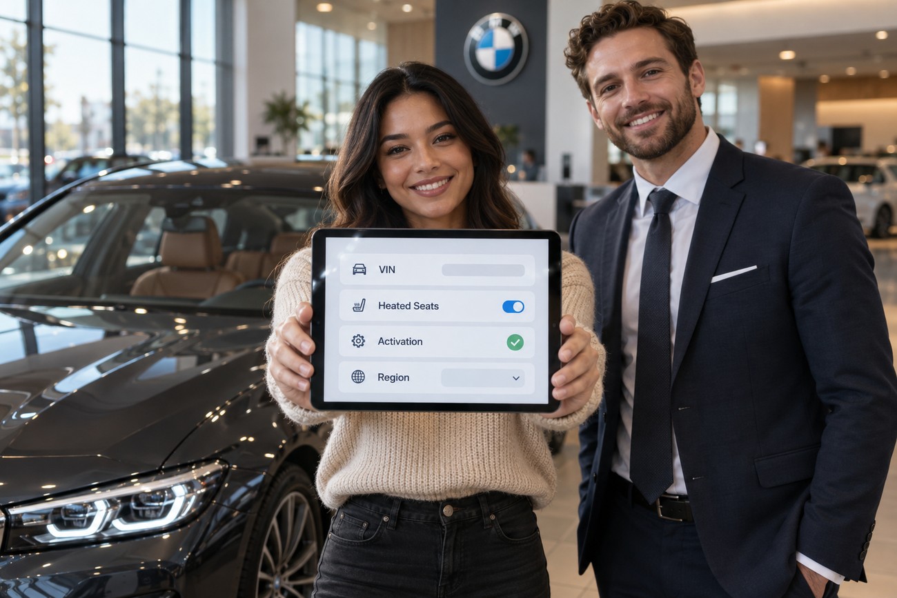 A smiling woman and a car salesman in a suit holding a tablet with a heated seats activation menu inside a BMW dealership
