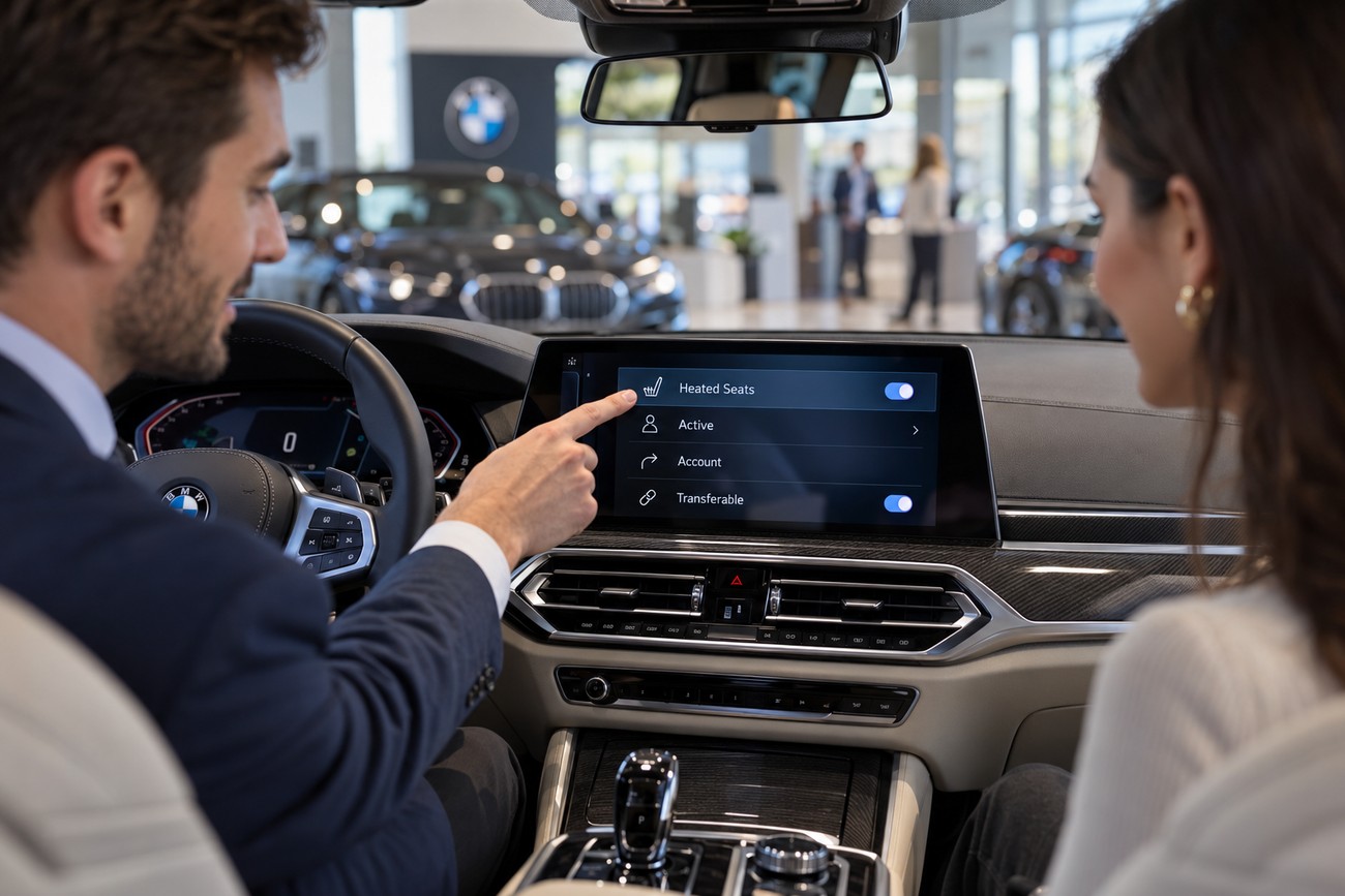 Man pointing at the heated seats option on the digital touchscreen display inside a BMW car