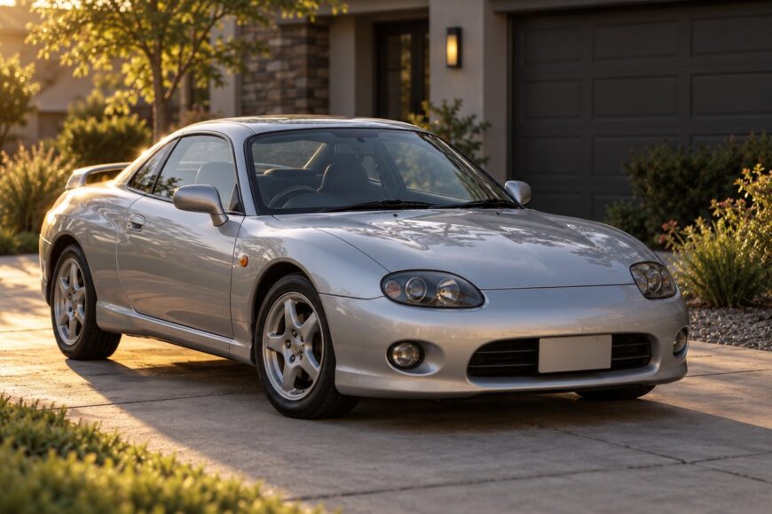 Silver Mitsubishi FTO sports coupe parked on a concrete driveway in front of a garage at sunset