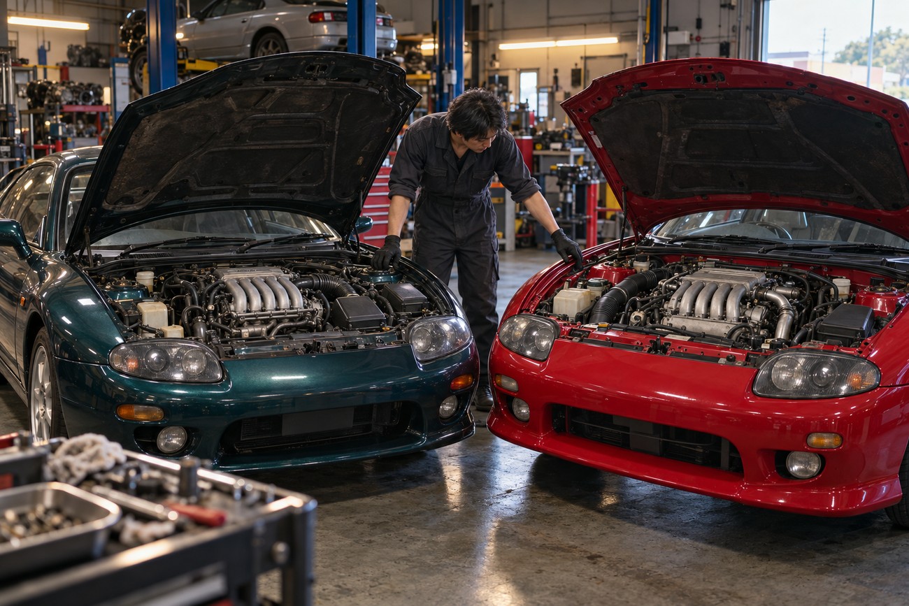 Mechanic inspecting the engines of green and red Mitsubishi FTO coupes inside a repair garage