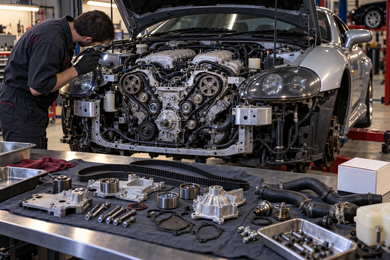 Mechanic inspects the engine of a silver Mitsubishi FTO while replacement timing belt and pulleys are laid out on a workbench