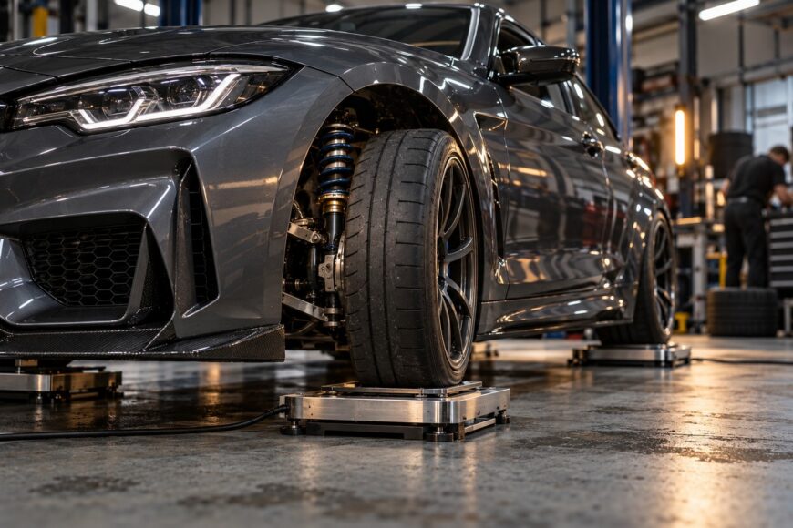 A modern grey sports car parked on a garage floor with its front wheel resting on a scale during suspension setup