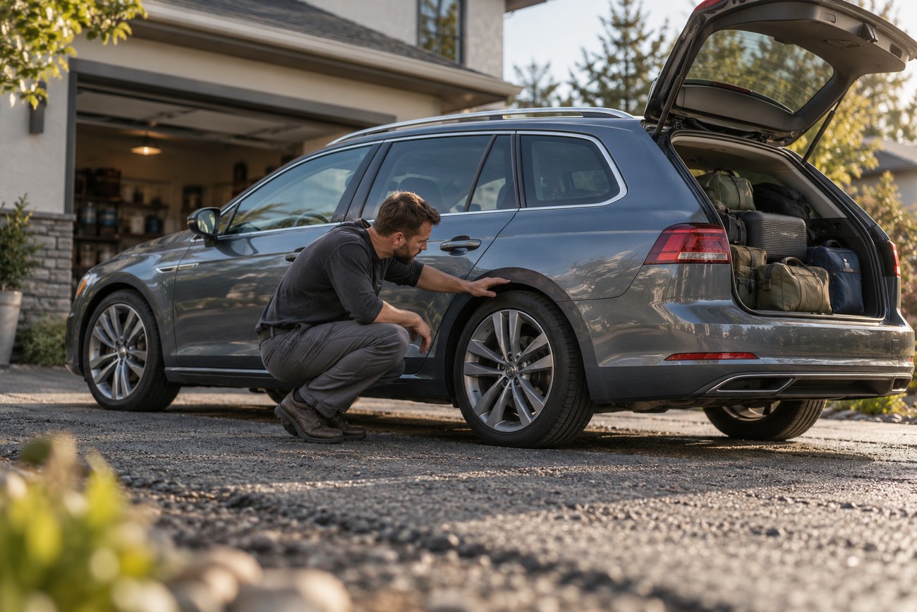 Man crouching beside a grey station wagon and checking the rear fender gap for suspension setup