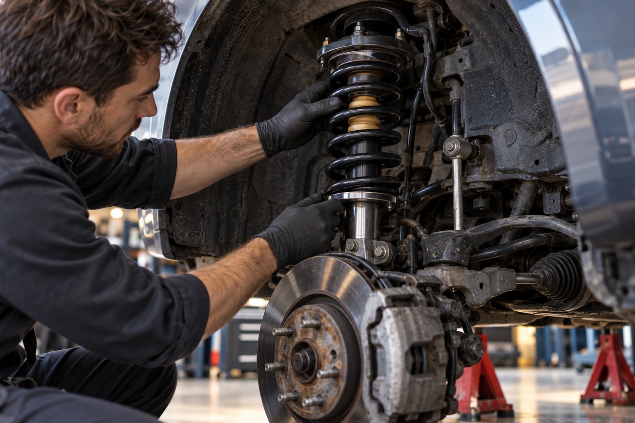 Mechanic wearing black gloves inspecting the coilover spring and suspension assembly of a car