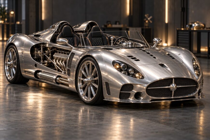 Polished aluminum Spyker C8 supercar parked indoors with visible exhaust pipes and detailed alloy wheels