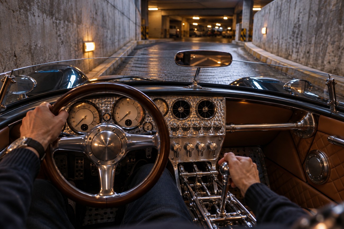 Driver holding the steering wheel and gear shifter inside the aviation-inspired cockpit of a Spyker C8 supercar