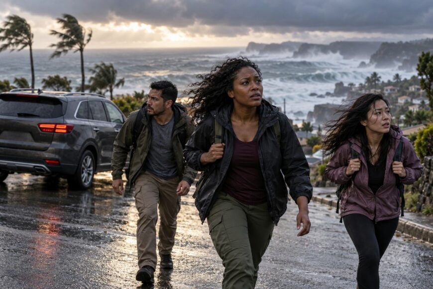 Three anxious people running uphill on a coastal road during a storm with a Kia Sorento parked in the background