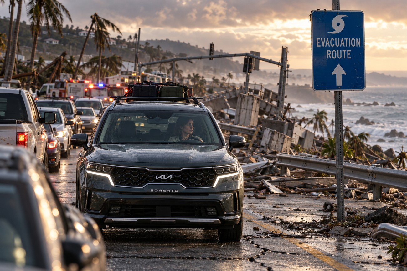 A woman driving a dark green Kia Sorento in slow traffic along a coastal road past a blue evacuation route sign during a tsunami emergency